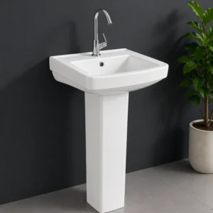 Torus Ceramic Pedestal Wash Basin – Compact Modern Square Design