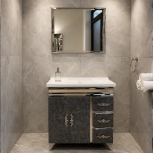 Modern Grey Marble Finish Bathroom Vanity Cabinet with Mirror – Model 3201